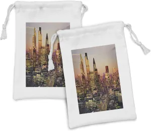 Ambesonne New York Fabric Pouch Set of 2, Global City Sunset Reflecting on Skyscrapers Famous Town Landmark View Photo Print, Small Drawstring Bag for Toiletries Masks and Favors, 9" x 6", Multicolor