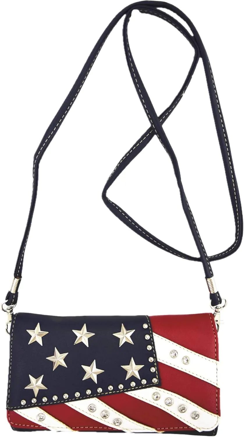 American Flag Stars and Stripes Western Country Purse Single Shoulder Bags Women Blocking Wristlet Wallet