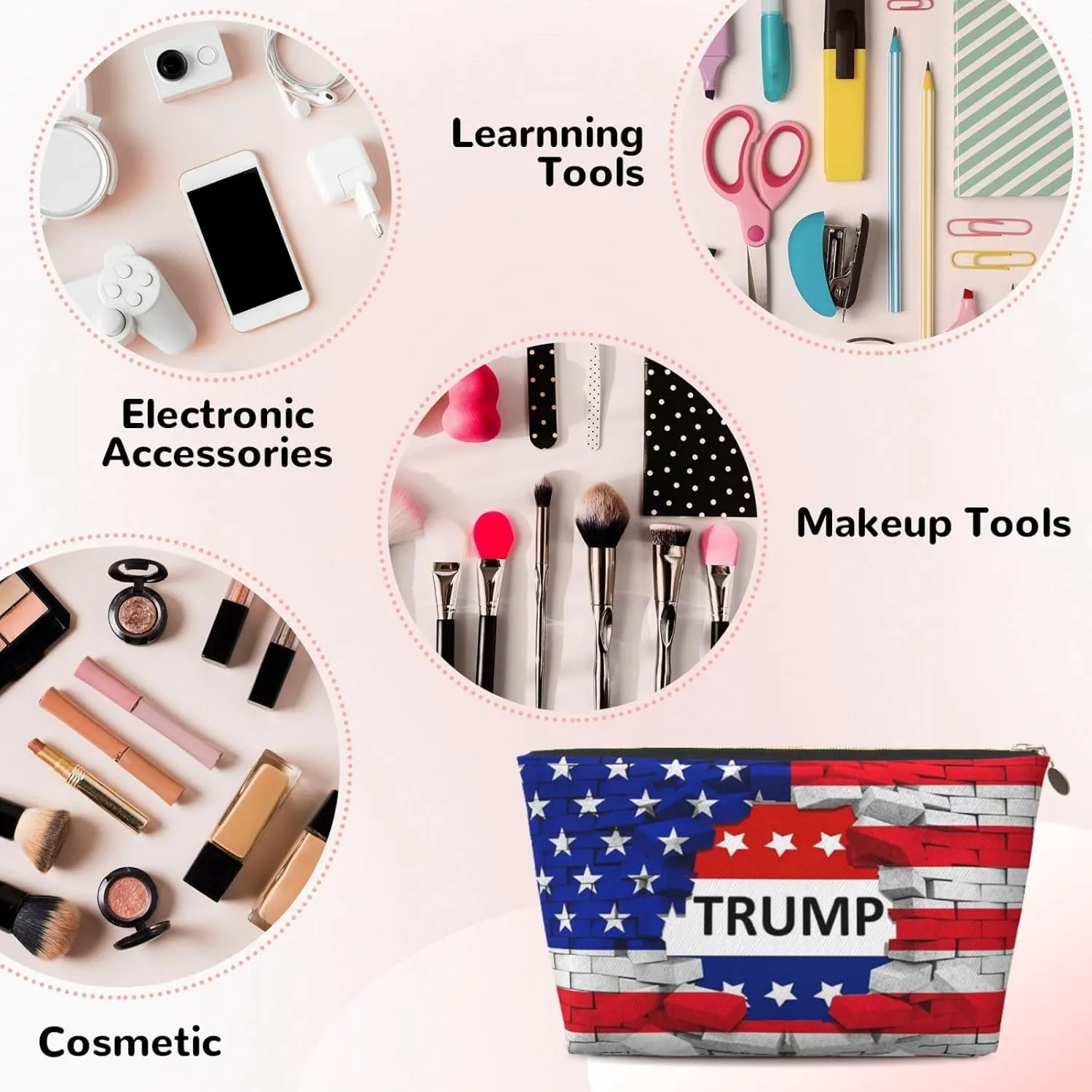 American USA Trump Flag Cosmetic Bag Travel Makeup Bag Organizer Toiletry Bag with Zipper Storage Pouch Coin Purse Brushes for Women Girls Gifts