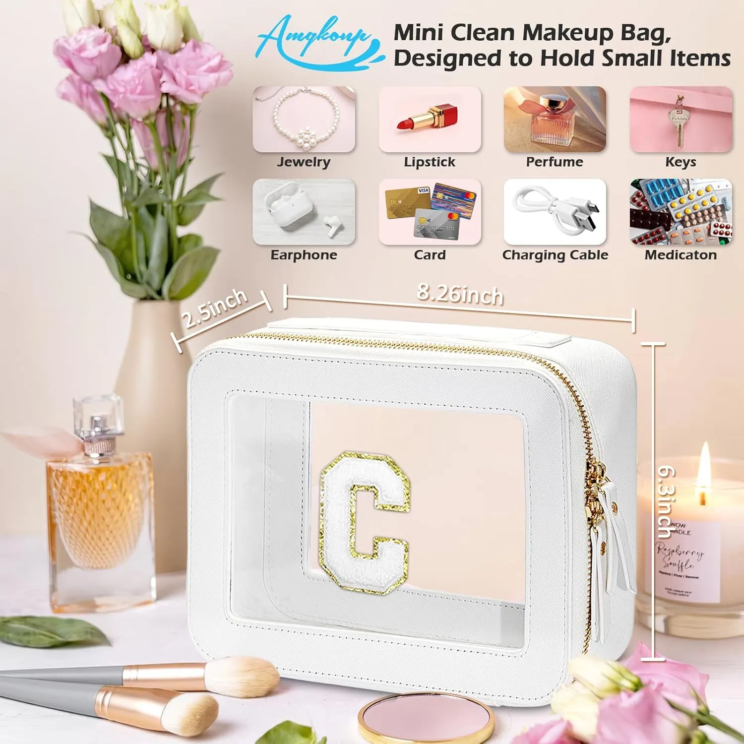 Amgknop Birthday Gifts for Women,Personalized Initial Makeup Bag for Women Teenage Girls,Initial Gift for Women Mother,Personalized Gifts for Teen Girls,Chenille Letter Makeup Bag,Mom Gifts-C