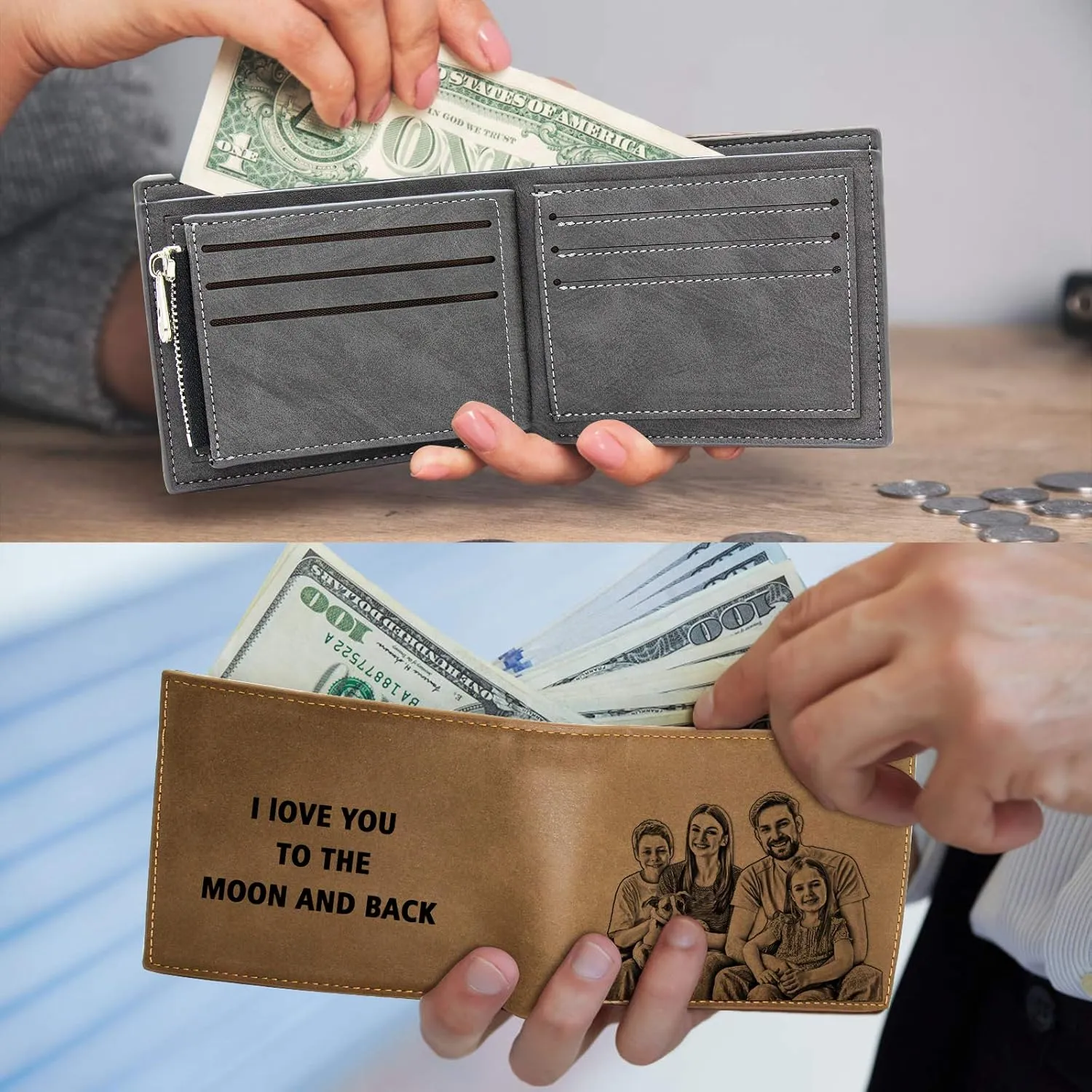 Amlion Personalized Wallets for Men,Custom Engraved Mens Photo Picture Wallet for Father,Husband,Son Boyfriend Gifts