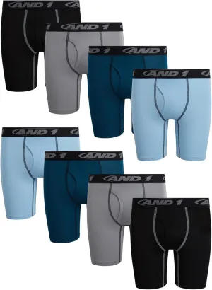AND1 Boys' Boxer Briefs - 8 Pack Functional Fly Compression Long Leg Boxers - Performance Underwear for Boys (6-18)