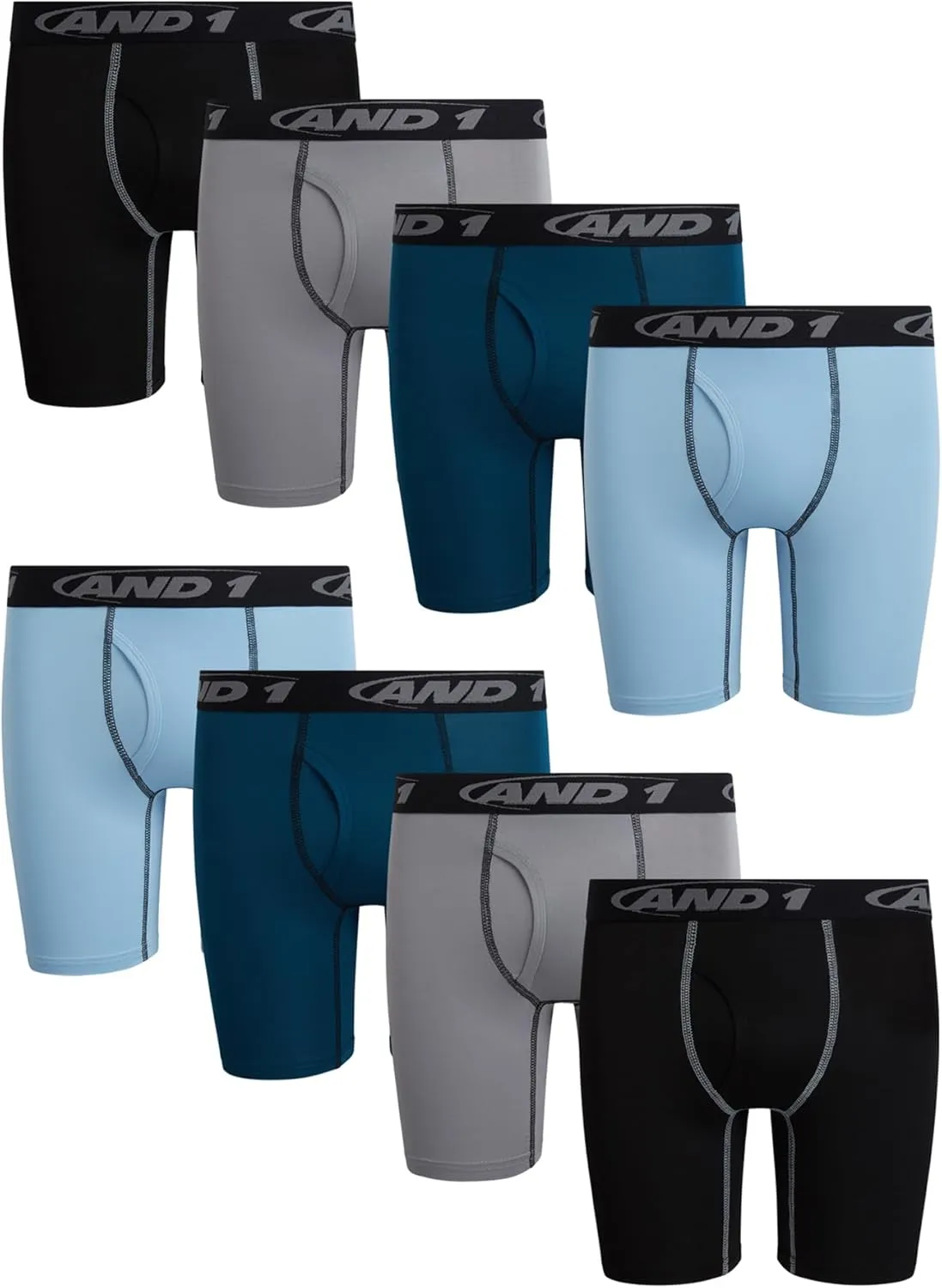 AND1 Boys' Boxer Briefs - 8 Pack Functional Fly Compression Long Leg Boxers - Performance Underwear for Boys (6-18)
