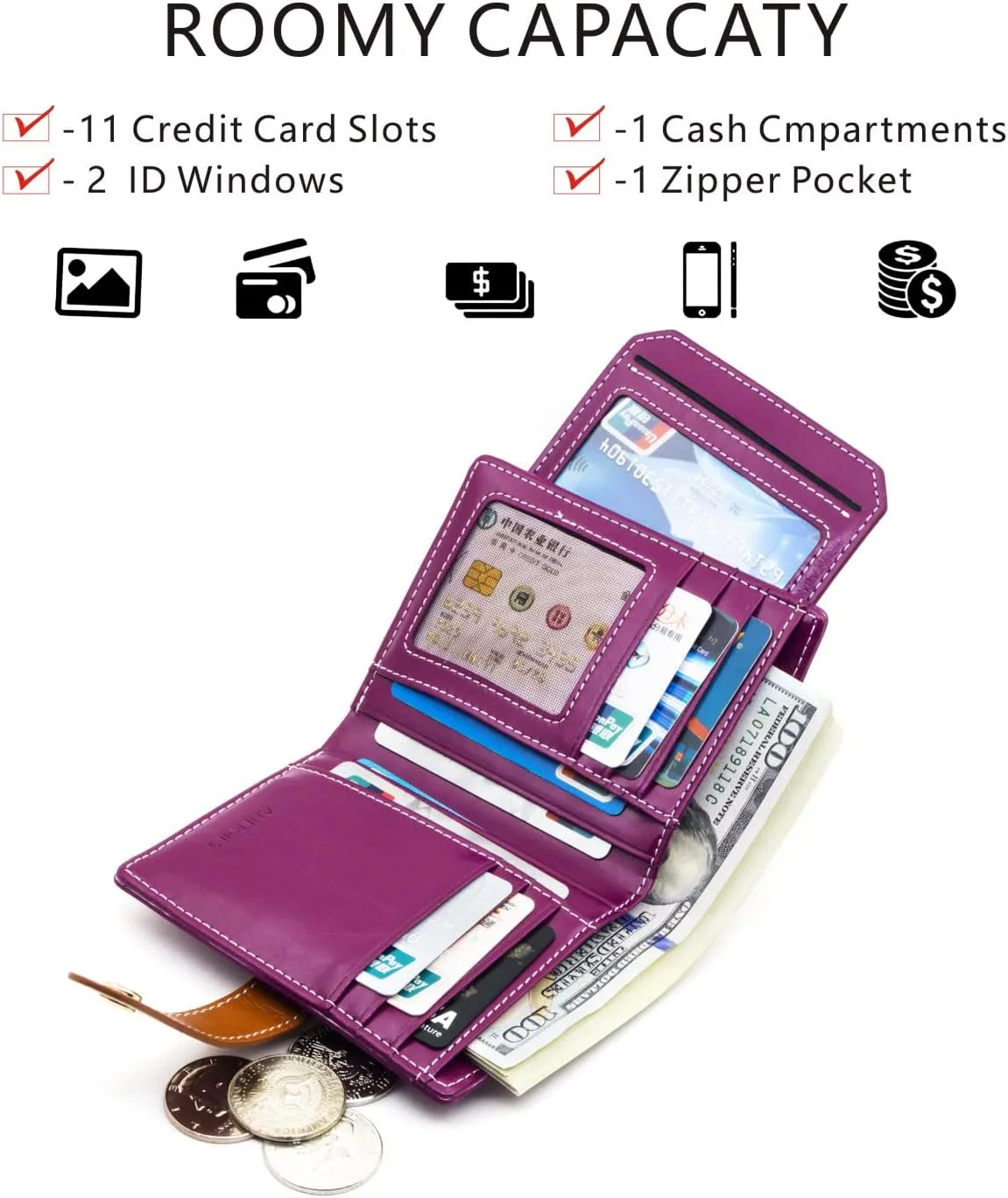 ANDOILT Wallets for Women Genuine Leather Small Bifold Wallet RFID Blocking Card Case Purse with ID Window Coin Pocket