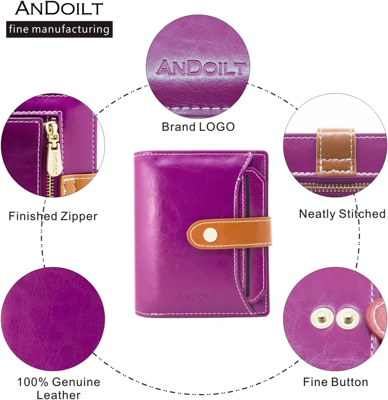 ANDOILT Wallets for Women Genuine Leather Small Bifold Wallet RFID Blocking Card Case Purse with ID Window Coin Pocket