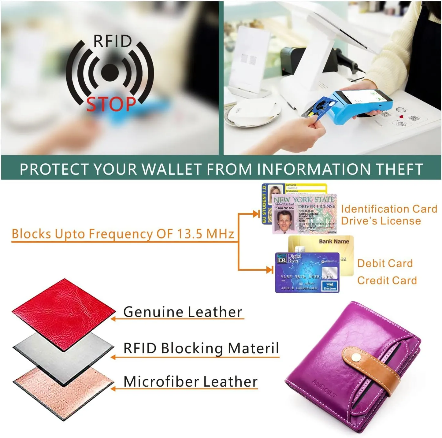 ANDOILT Wallets for Women Genuine Leather Small Bifold Wallet RFID Blocking Card Case Purse with ID Window Coin Pocket
