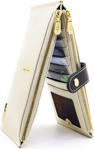 ANDOILT Women's Genuine Leather Wallet RFID Blocking Credit Card Holder Zipper Purse Cell Phone Handbag