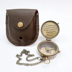 Antique Brass Engraved Compass with Leather Carry Case & Chainmail Nautical Push Open Pocket Compass for Traveling Camping Hiking Navigation Tool