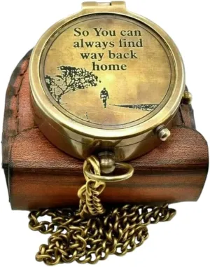 Antique Brass Pocket Compass with Leather Case, Vintage Nautical Navigation Instrument with Chain