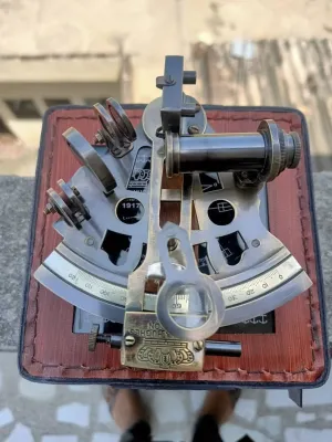 Antique Maritime Nautical Sextant Telescope Vintage Marine Astrolabe Ship's Instruments with Leather Box Kelvin Hughes London 1917 Engraved