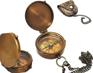 Antique Nautical Engraved Brass Compass with Leather Case and Chain Directional Maritime Navigational Pocket Compass Tool for Hiking Trekking Travelling & Camping by AWF ROORKEE Store