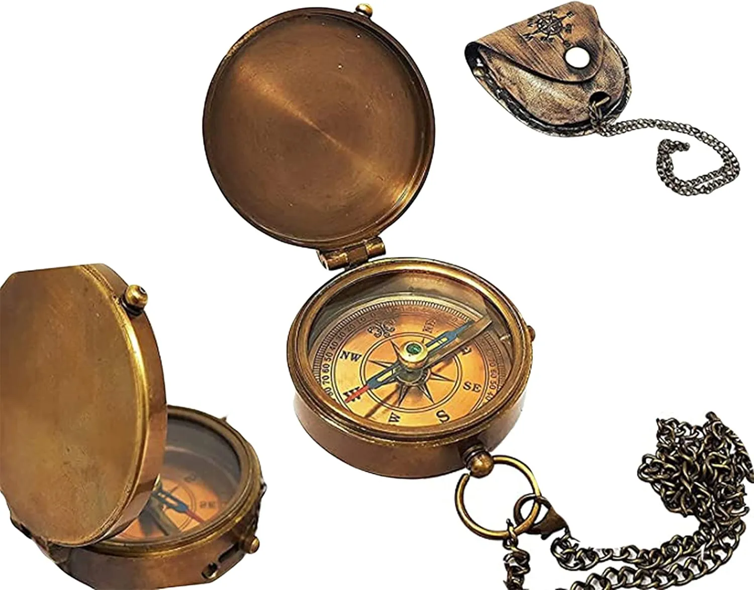 Antique Nautical Engraved Brass Compass with Leather Case and Chain Directional Maritime Navigational Pocket Compass Tool for Hiking Trekking Travelling & Camping by AWF ROORKEE Store