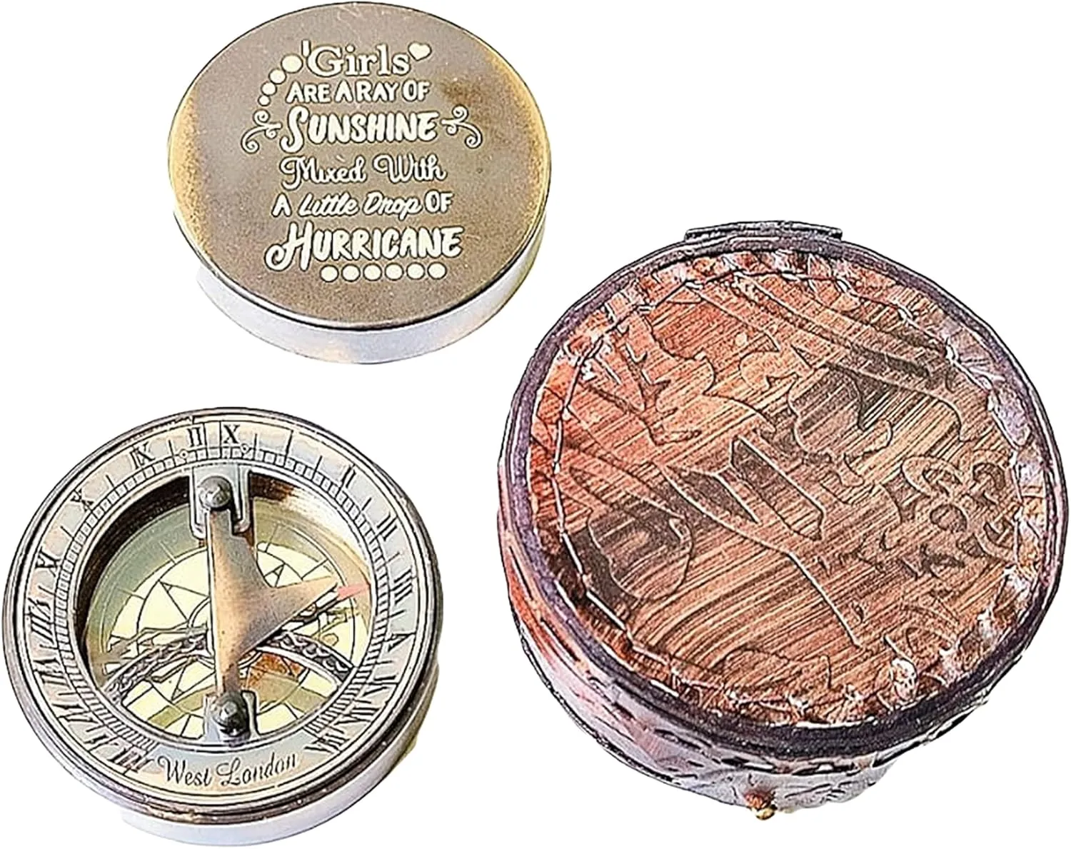 Antique Nautical Engraved Brass Compass with Round Leather Case Directional Maritime Navigational Pocket Compass Tool for Hiking Trekking Travelling & Camping by NOBLE METAL STORE