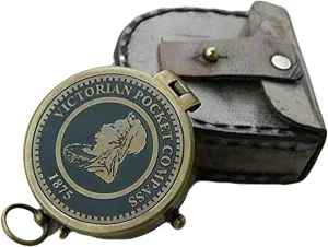 Antique Nautical Engraved Brass Golden Compass with Brown Leather Case Directional Maritime Navigational Pocket Compass Tool for Hiking Trekking Travelling & Camping by AWF ROORKEE Store