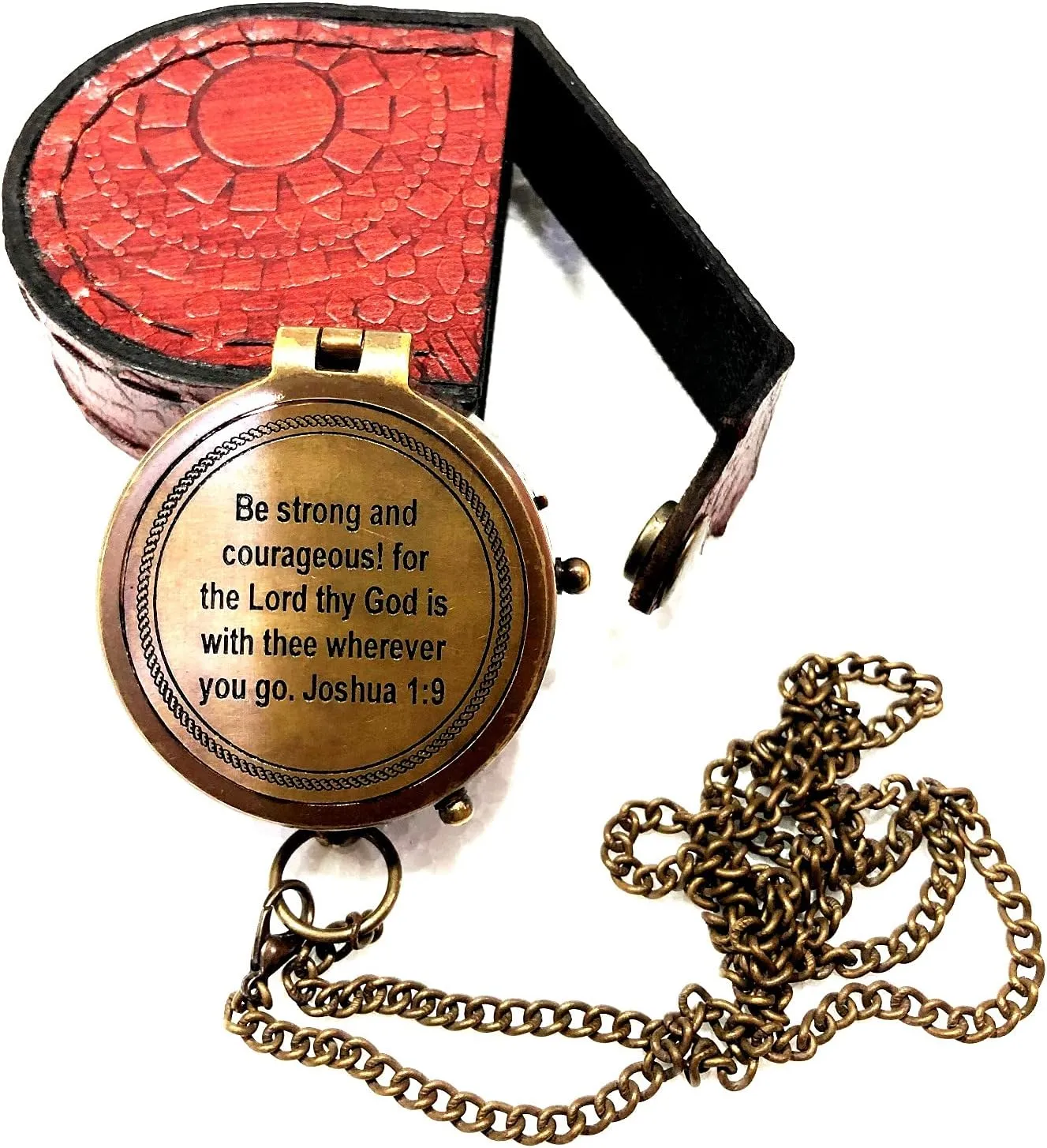 Antique Nautical Vintage Directional Magnetic Compass with Famous Scripture Quote Engraved Baptism Gifts with Leather Case