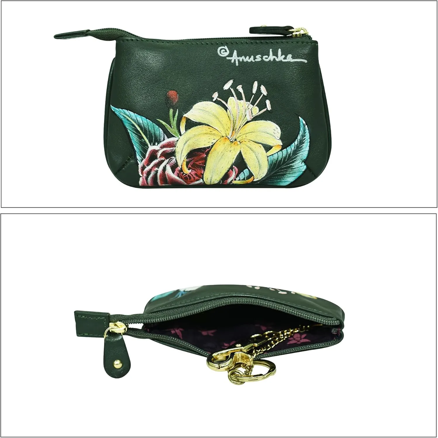 Anuschka Women’s Hand-Painted Genuine Leather Medium Zip Pouch - Coin and Key Pouch - Zippered, 2 Key Fobs
