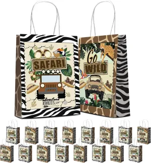 Apinwin 16PCS Mouse Safari Party Gift Bags with Handles for Baby Shower Birthday Decorations, Wild Animal Goodie Candy Grocery Retail Shopping Kraft Paper Take Out Bag