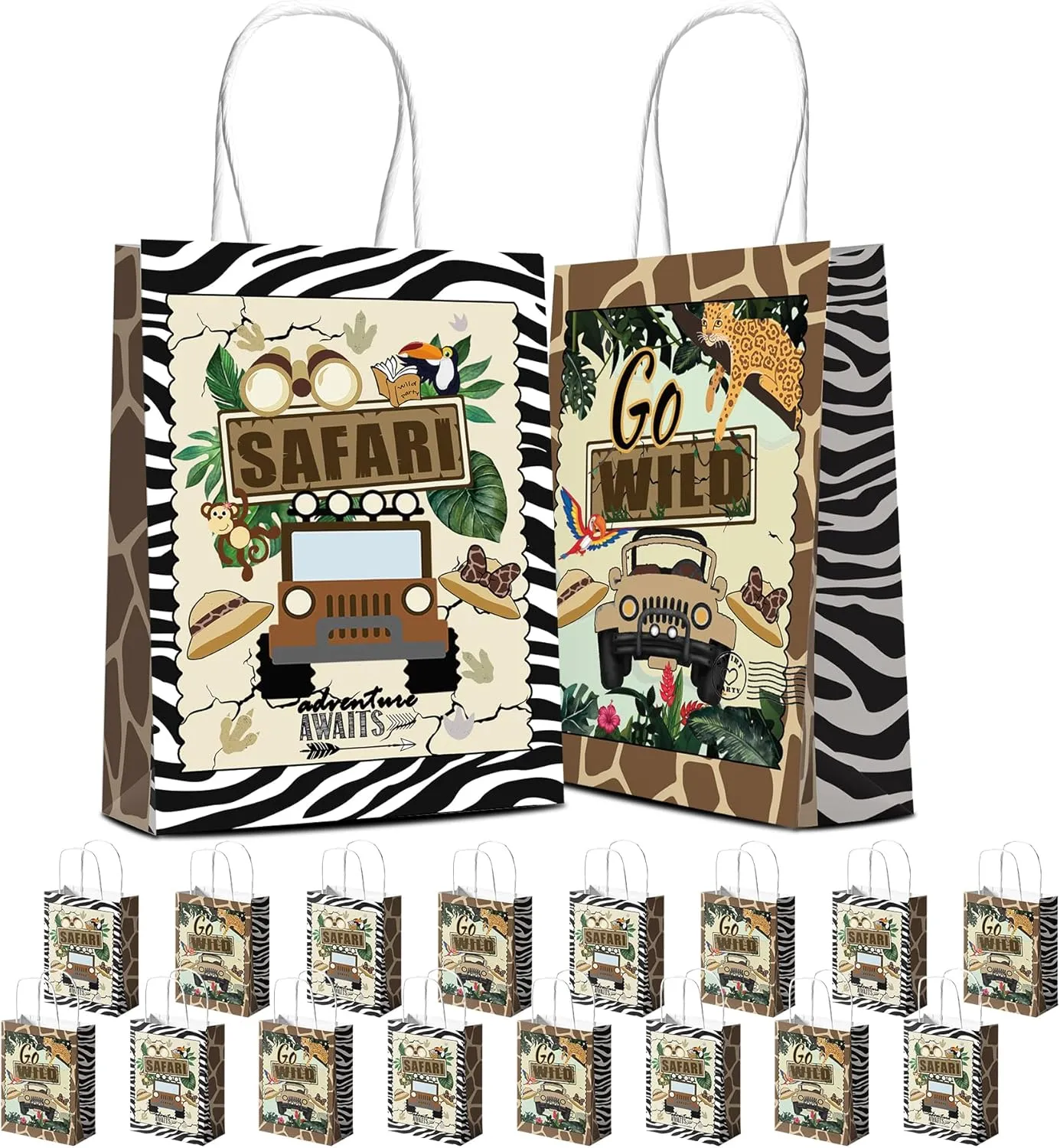 Apinwin 16PCS Mouse Safari Party Gift Bags with Handles for Baby Shower Birthday Decorations, Wild Animal Goodie Candy Grocery Retail Shopping Kraft Paper Take Out Bag