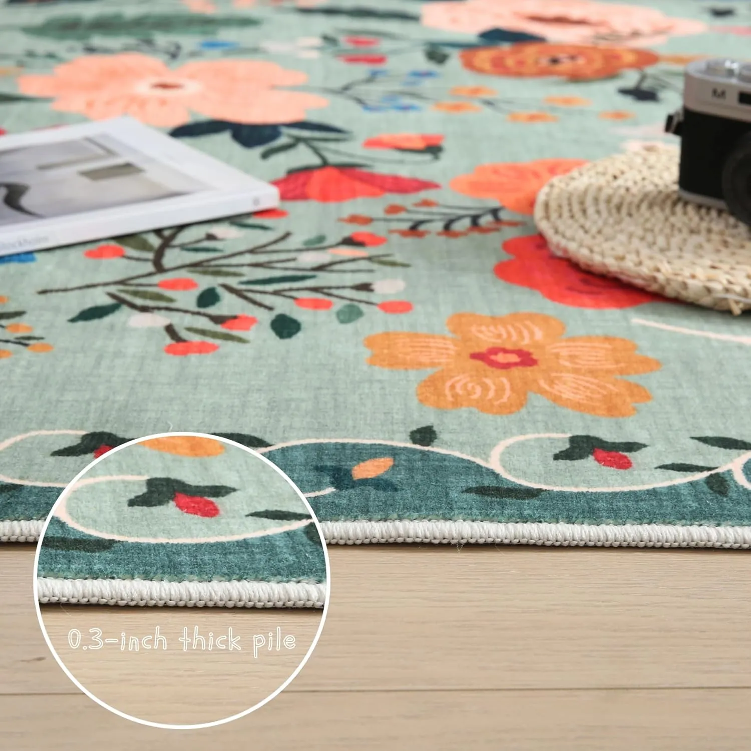 Area Rugs 9x12 Living Room Clearance Washable Boho Rug Non Slip Floral Vintage Low Pile Large Rug for Living Room, Bedroom, Farmhouse, Dining Room, Kids Playroom(Green)