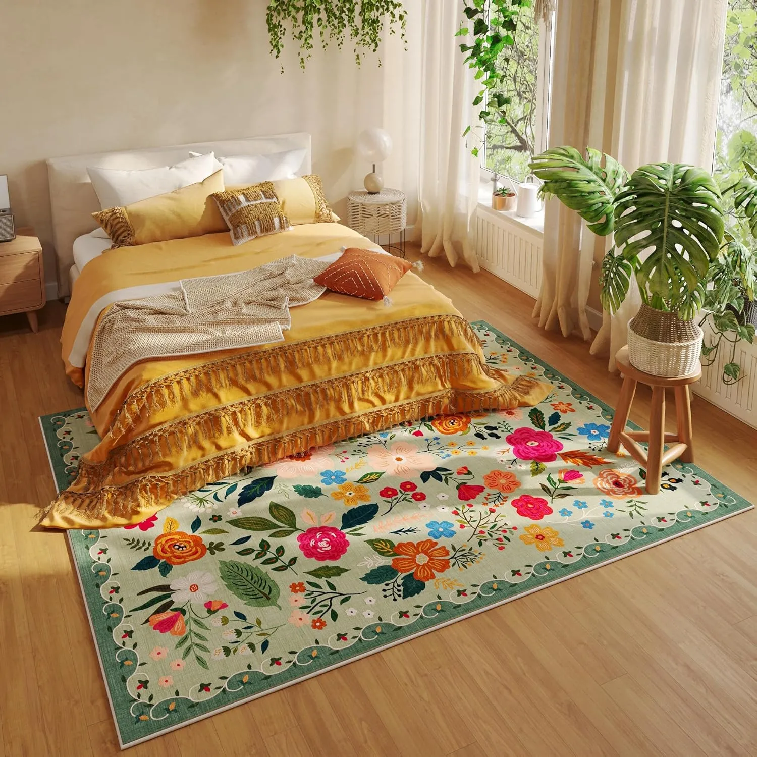 Area Rugs 9x12 Living Room Clearance Washable Boho Rug Non Slip Floral Vintage Low Pile Large Rug for Living Room, Bedroom, Farmhouse, Dining Room, Kids Playroom(Green)