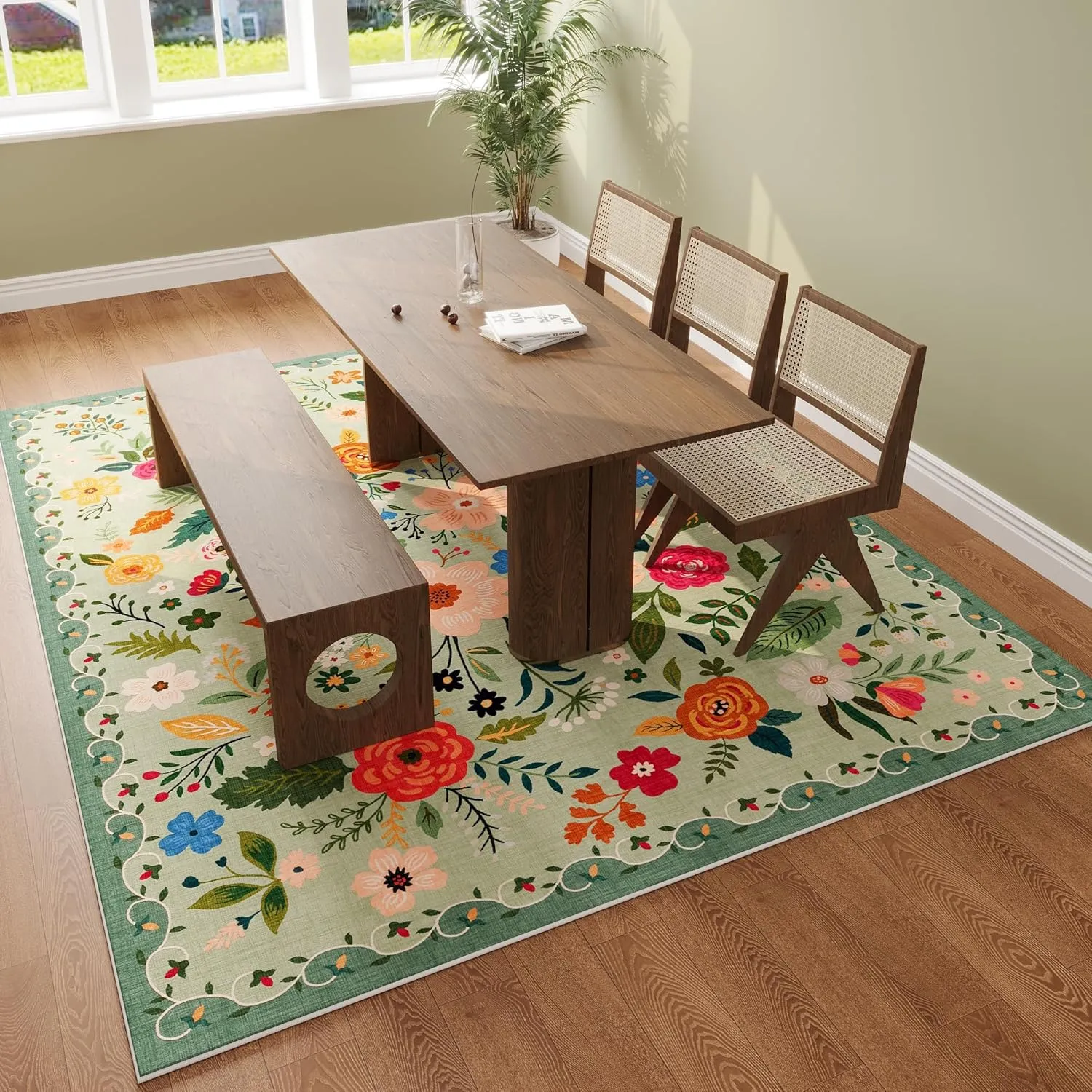 Area Rugs 9x12 Living Room Clearance Washable Boho Rug Non Slip Floral Vintage Low Pile Large Rug for Living Room, Bedroom, Farmhouse, Dining Room, Kids Playroom(Green)