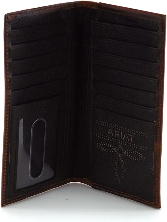 ARIAT Men's Rodeo Wallet with Distressed USA Flag and Shield Logo, Brown Genuine Leather, Multiple Compartments, 6-1/2" x 3-1/2"