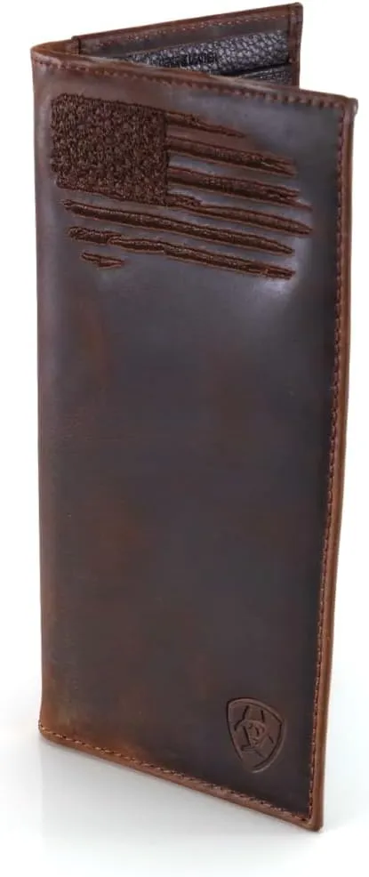 ARIAT Men's Rodeo Wallet with Distressed USA Flag and Shield Logo, Brown Genuine Leather, Multiple Compartments, 6-1/2" x 3-1/2"
