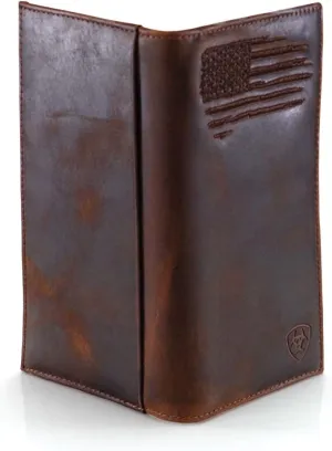 ARIAT Men's Rodeo Wallet with Distressed USA Flag and Shield Logo, Brown Genuine Leather, Multiple Compartments, 6-1/2" x 3-1/2"