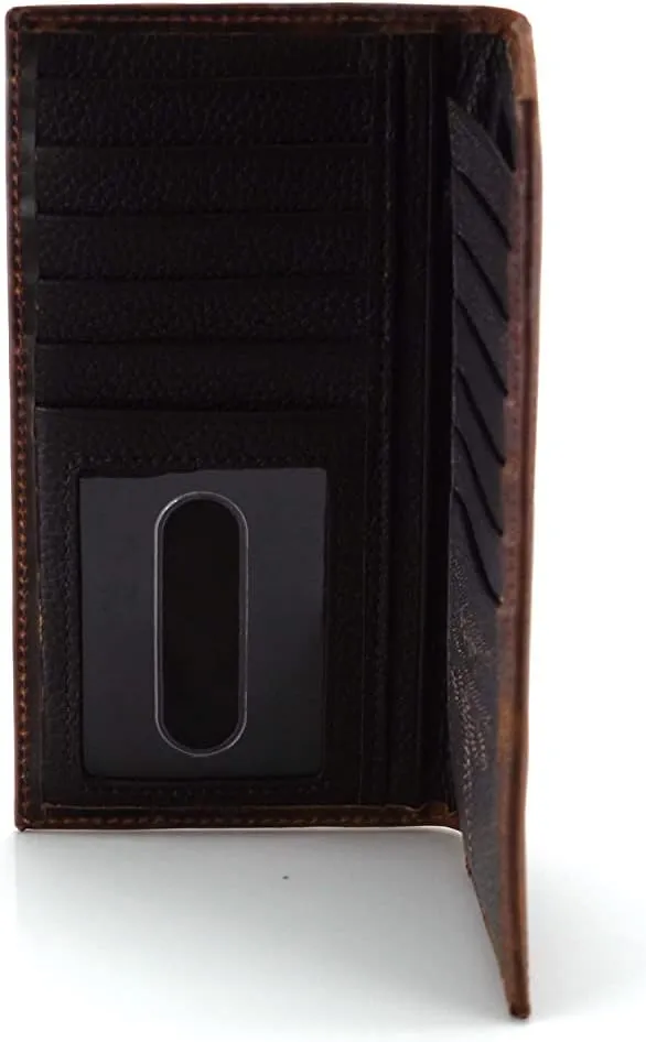 ARIAT Men's Rodeo Wallet with Distressed USA Flag and Shield Logo, Brown Genuine Leather, Multiple Compartments, 6-1/2" x 3-1/2"