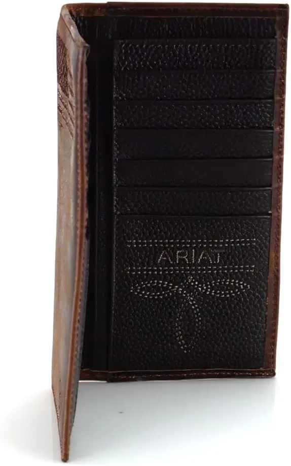 ARIAT Men's Rodeo Wallet with Distressed USA Flag and Shield Logo, Brown Genuine Leather, Multiple Compartments, 6-1/2" x 3-1/2"