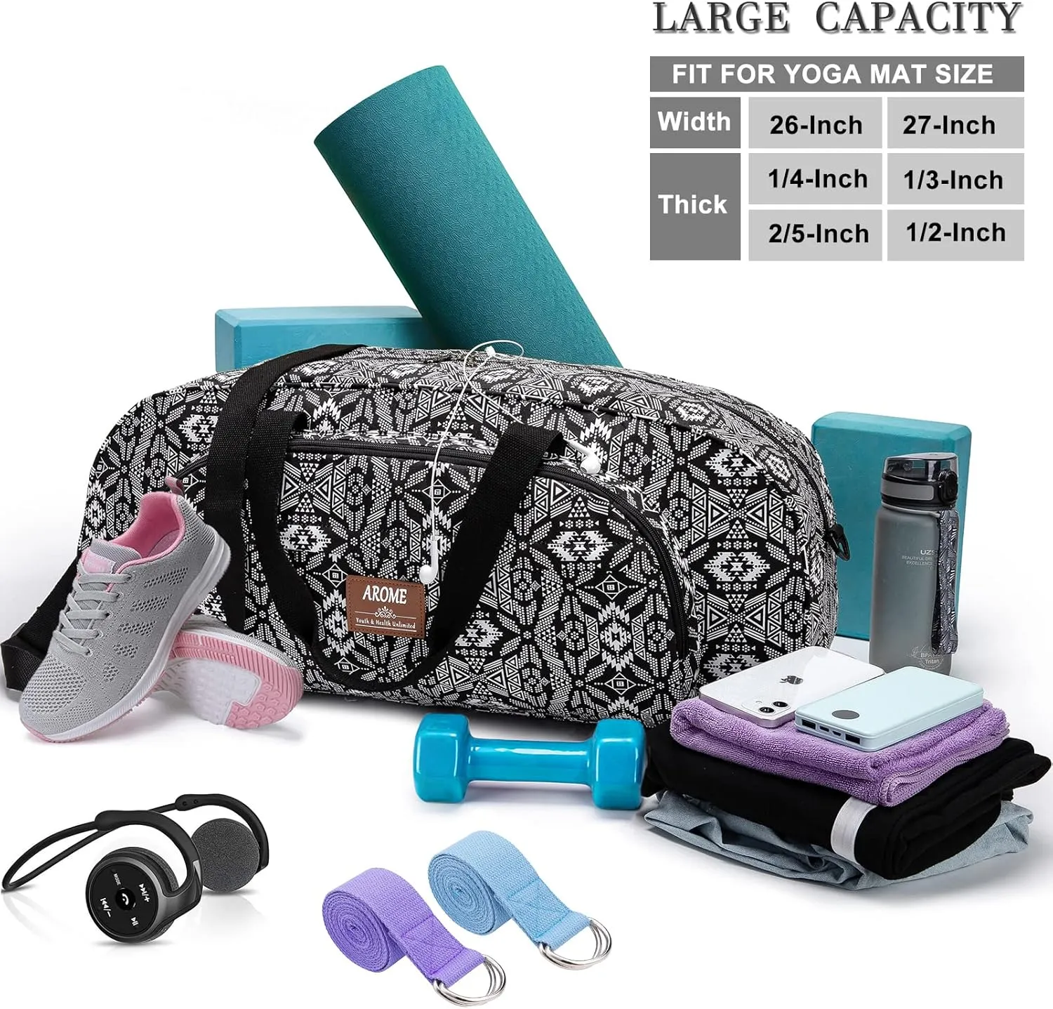 AROME Yoga Mat Bag for Women Men, Large Canvas Yoga Bag for 1/4" 1/3" 2/5" 1/2" Extra Thick Exercise Yoga Mat Gym Tote Sports Duffle Bag Carrying Bags with Wet Pocket & Shoulder Strap & Mat Strap