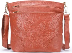Aslana Floral-Embossed Genuine Leather Shoulder Crossbody Bag Handbag for Women