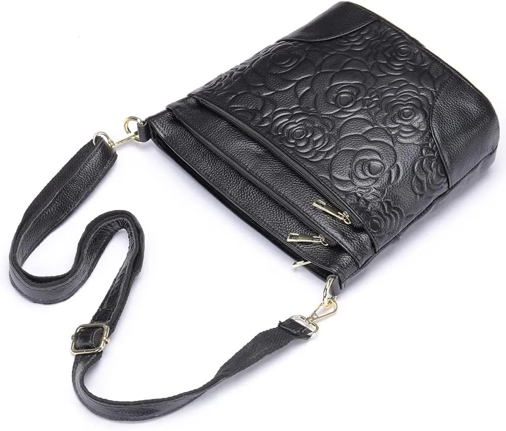 Aslana Floral-Embossed Genuine Leather Shoulder Crossbody Bag Handbag for Women
