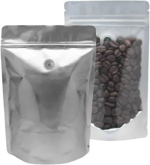 AwePackage Silver Stand Up Zipper Pouch Coffee Bag with Valve and Clear Front for Display (50, 16 oz)