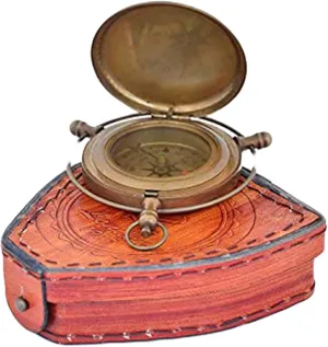 AWF Antique Nautical Engraved Brass Compass with Leather Case Directional Maritime Navigational Pocket Compass Tool for Hiking Trekking Travelling & Camping
