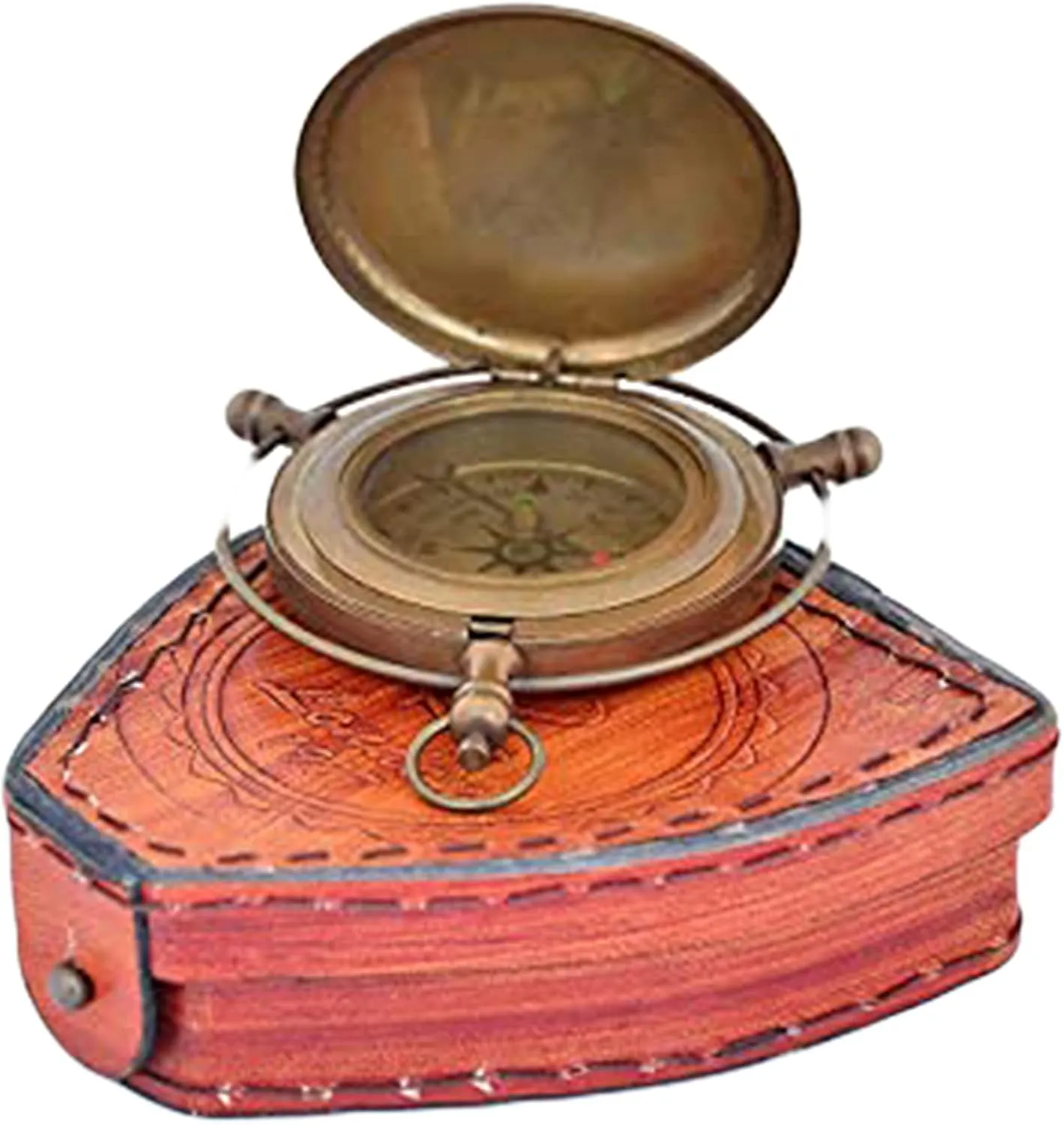 AWF Antique Nautical Engraved Brass Compass with Leather Case Directional Maritime Navigational Pocket Compass Tool for Hiking Trekking Travelling & Camping