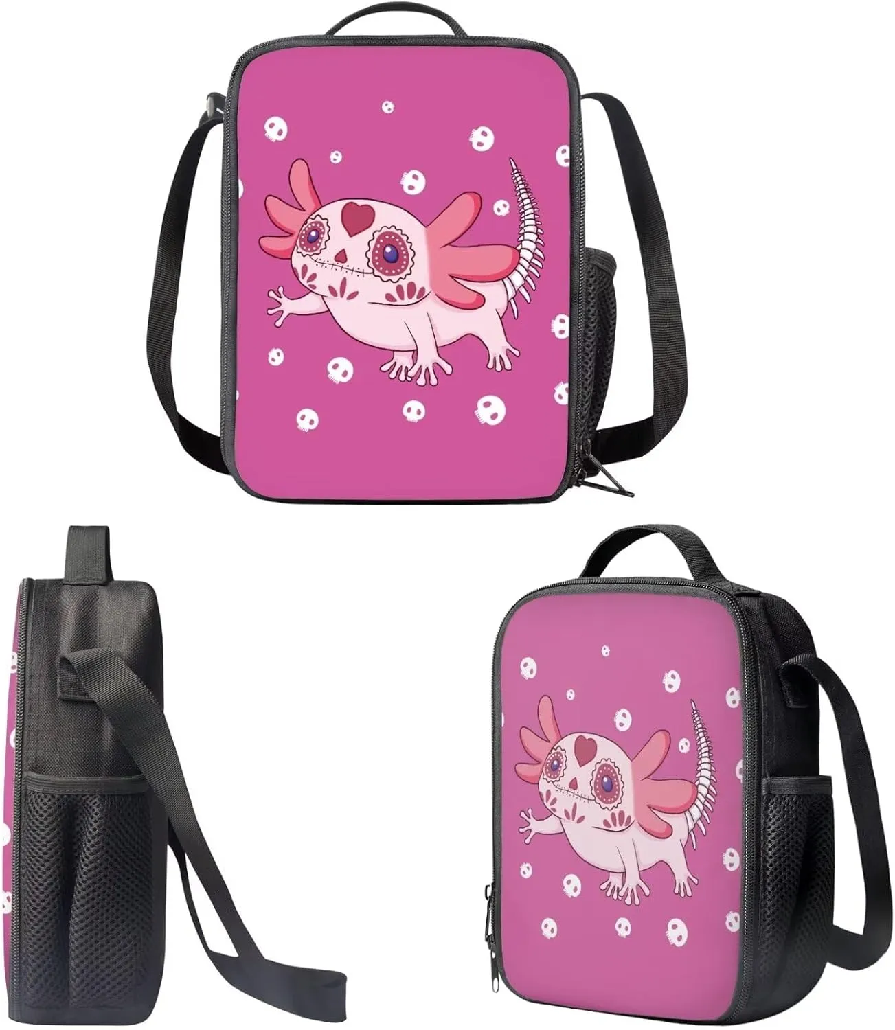 Axolotl Skull Pink Kids Backpack Set with Lunch Box and Pencil Case 3 Piece School Book Bags
