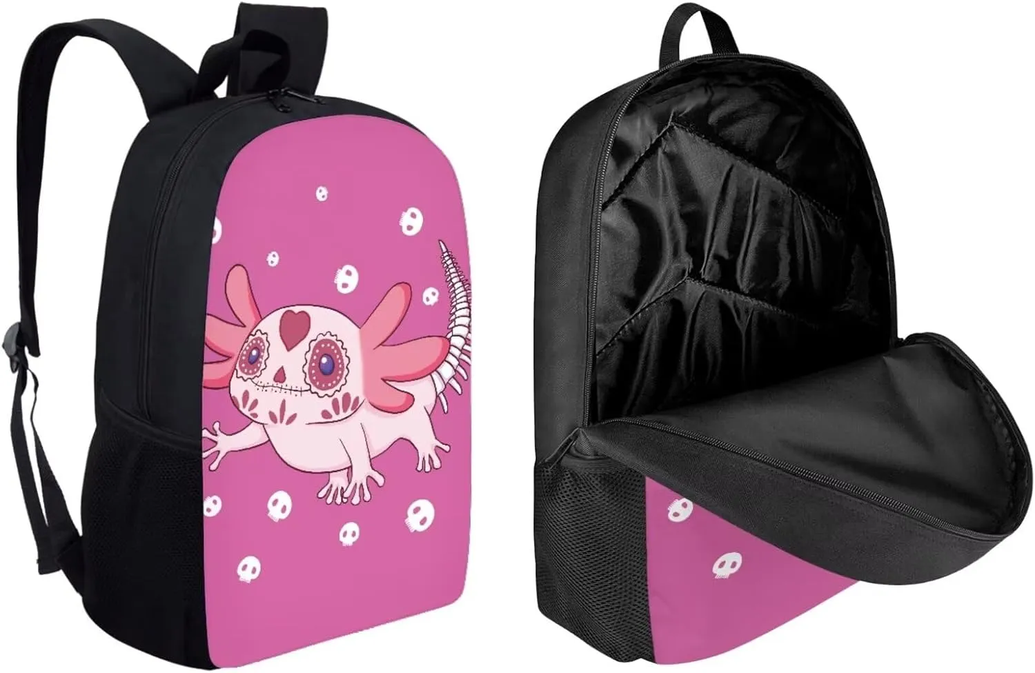 Axolotl Skull Pink Kids Backpack Set with Lunch Box and Pencil Case 3 Piece School Book Bags