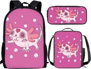 Axolotl Skull Pink Kids Backpack Set with Lunch Box and Pencil Case 3 Piece School Book Bags