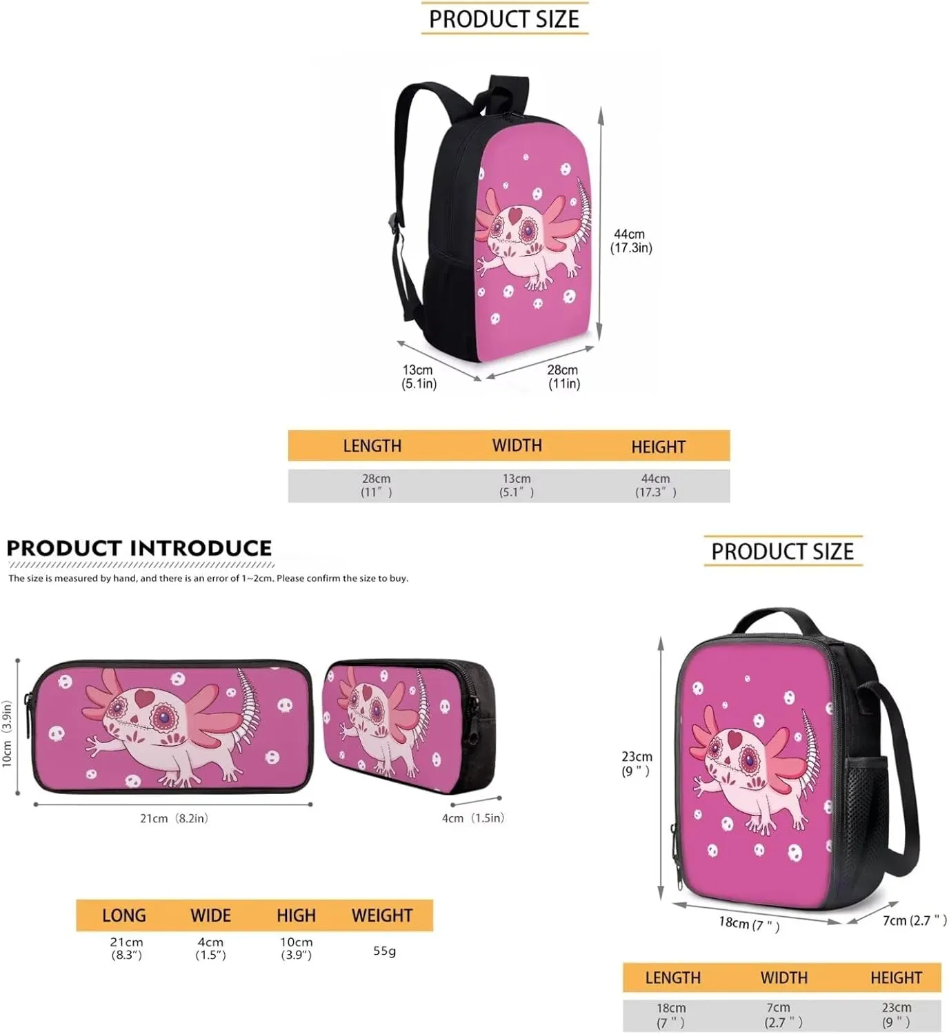 Axolotl Skull Pink Kids Backpack Set with Lunch Box and Pencil Case 3 Piece School Book Bags