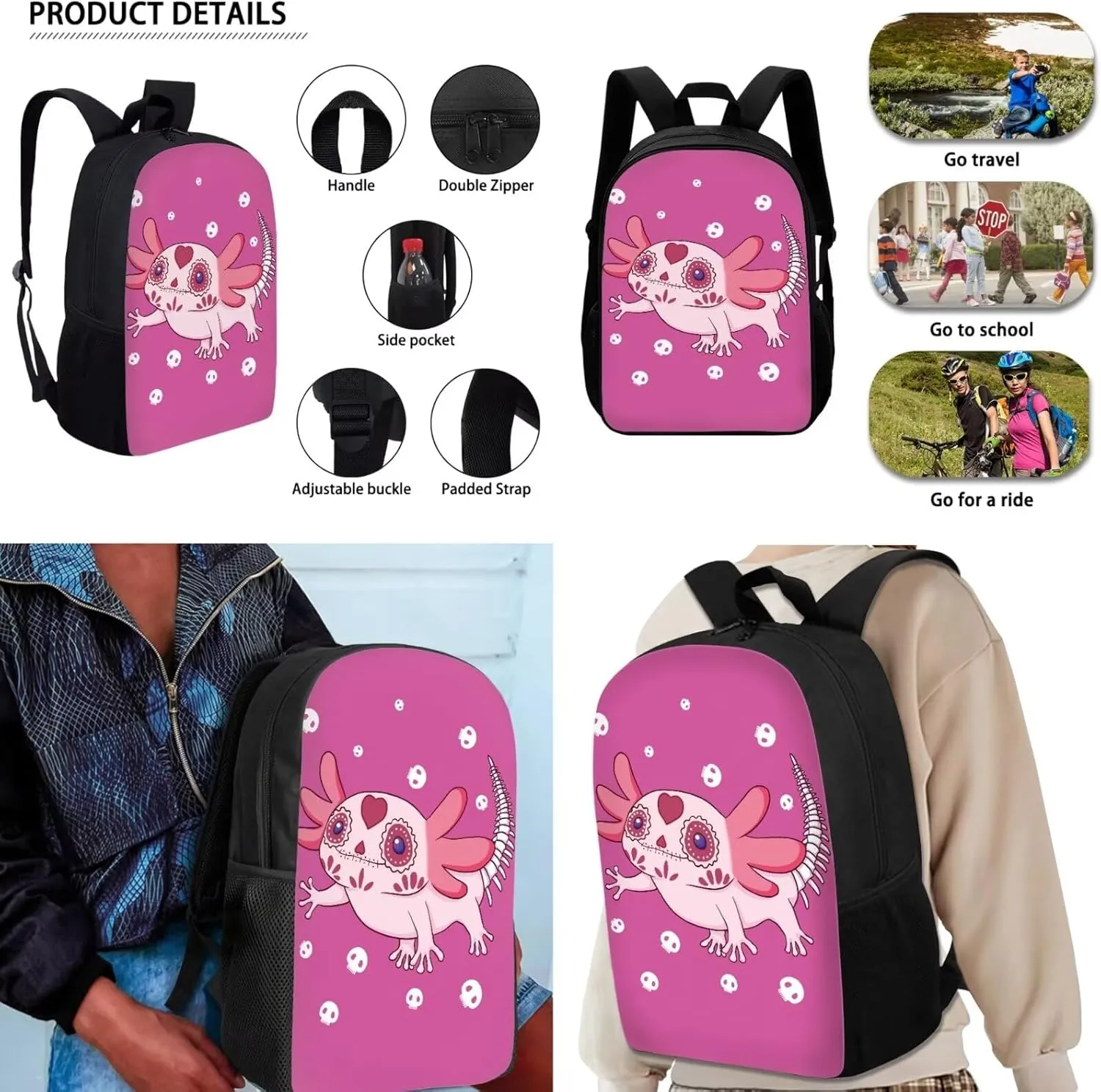 Axolotl Skull Pink Kids Backpack Set with Lunch Box and Pencil Case 3 Piece School Book Bags