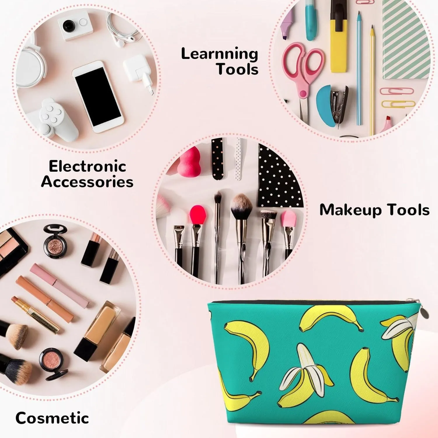 Bananas On Green Cosmetic Bag Travel Makeup Bag Organizer Toiletry Bag with Zipper Storage Pouch Coin Purse Brushes for Women Girls Gifts