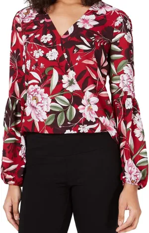 Bar III Floral-Print Faux-Wrap Top Red X-Large