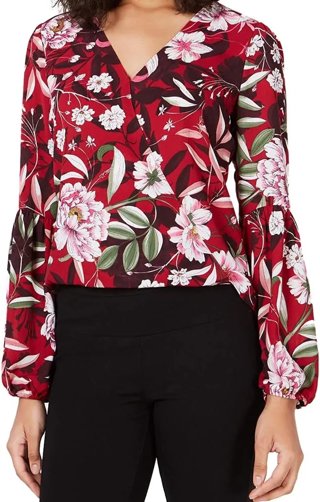 Bar III Floral-Print Faux-Wrap Top Red X-Large