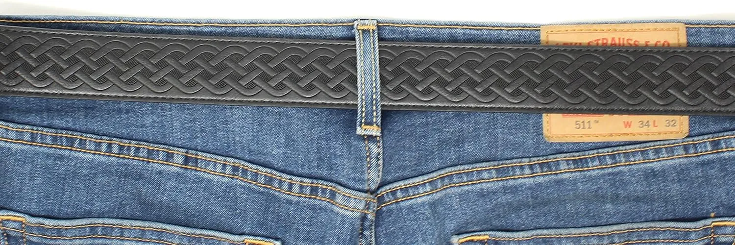 BC Belts Leather Belt Strap with Embossed Celtic Knot Weave Pattern 1.5" Wide with Snaps