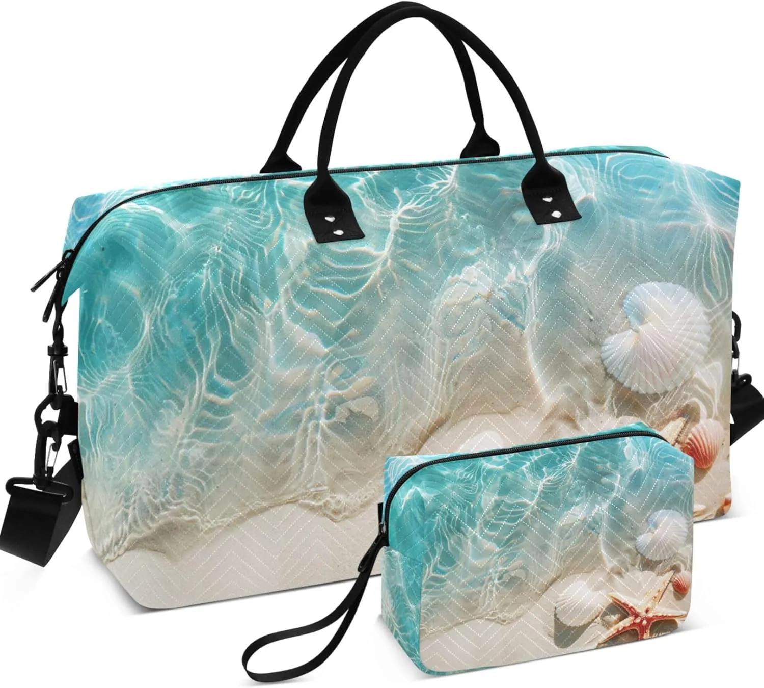 Beach Seashell Starfish Duffle Travel Bag Cosmetic Bag Set of 2, Print Women Luggage Bag Weekender Travel Bag