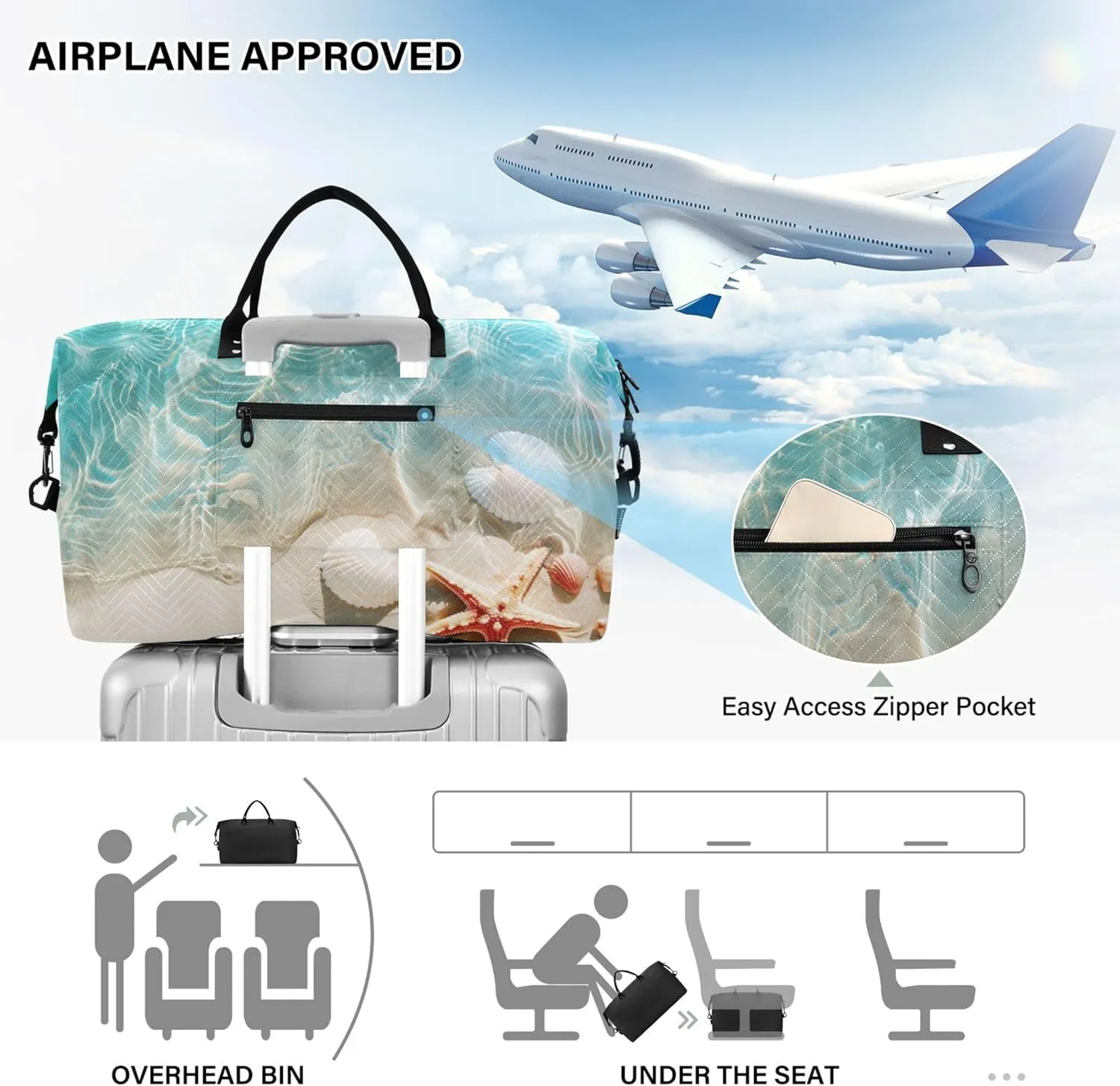 Beach Seashell Starfish Duffle Travel Bag Cosmetic Bag Set of 2, Print Women Luggage Bag Weekender Travel Bag