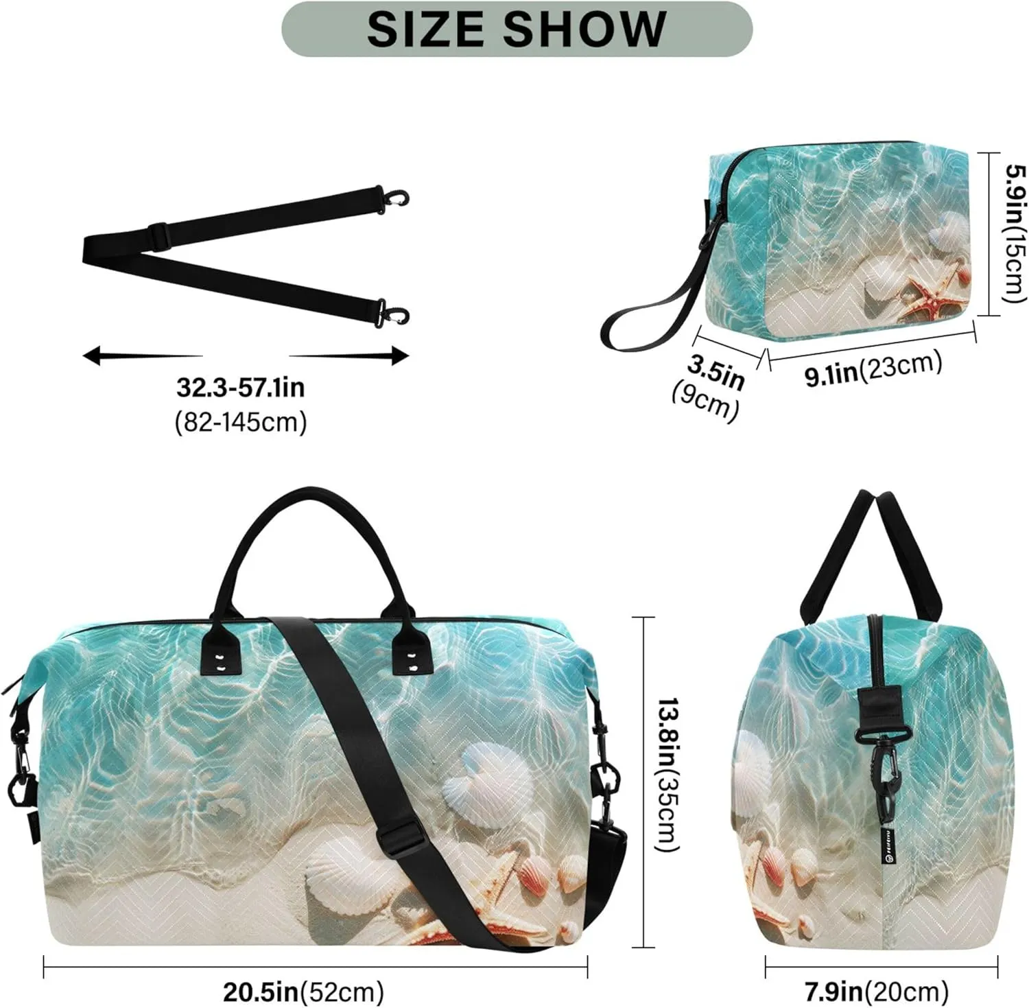 Beach Seashell Starfish Duffle Travel Bag Cosmetic Bag Set of 2, Print Women Luggage Bag Weekender Travel Bag