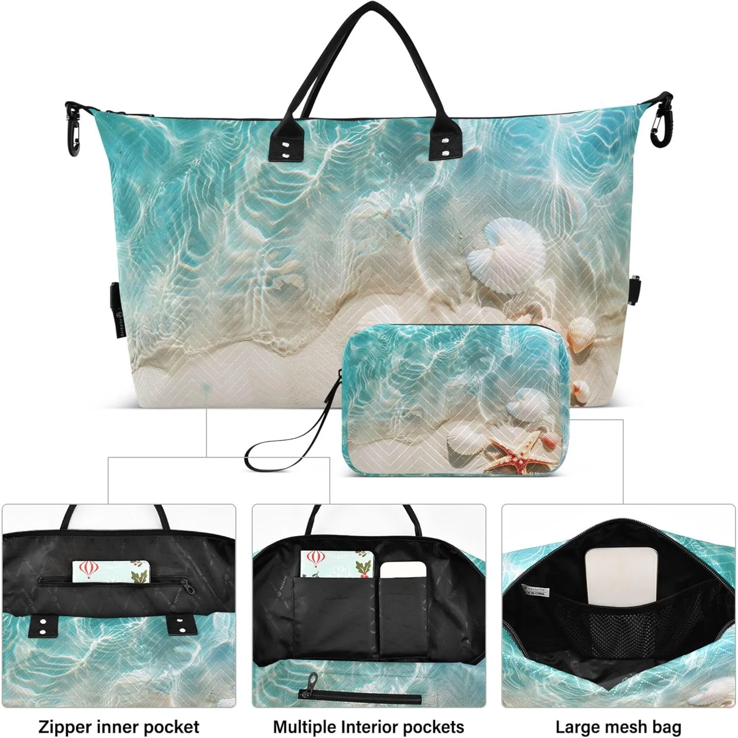 Beach Seashell Starfish Duffle Travel Bag Cosmetic Bag Set of 2, Print Women Luggage Bag Weekender Travel Bag