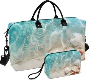 Beach Seashell Starfish Duffle Travel Bag Cosmetic Bag Set of 2, Print Women Luggage Bag Weekender Travel Bag